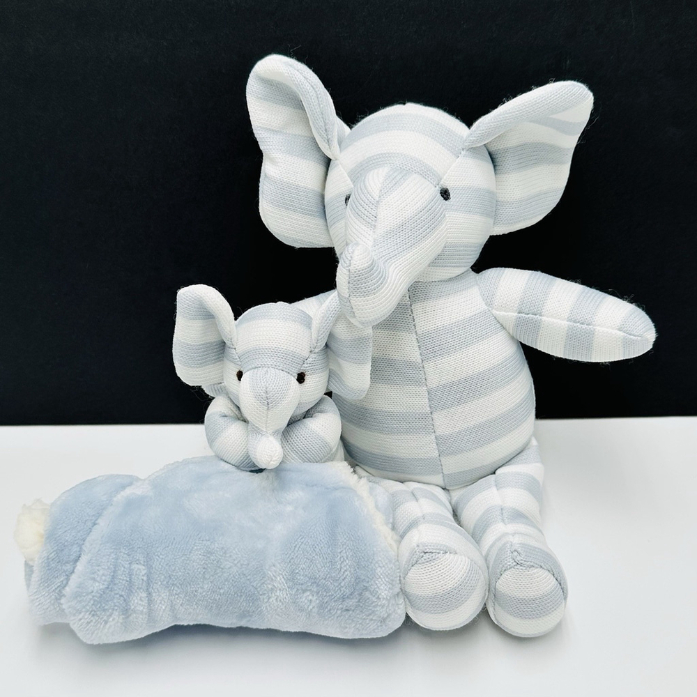 Mon Lapin Elephant & Baby w/ Blanket White Gray Striped Sewn Eyes Plush Lovey
